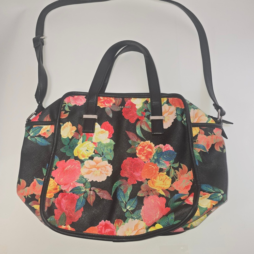 Nine West Floral Satchel Handbag Black Multicolor Crossbody Bag Silver Hardware